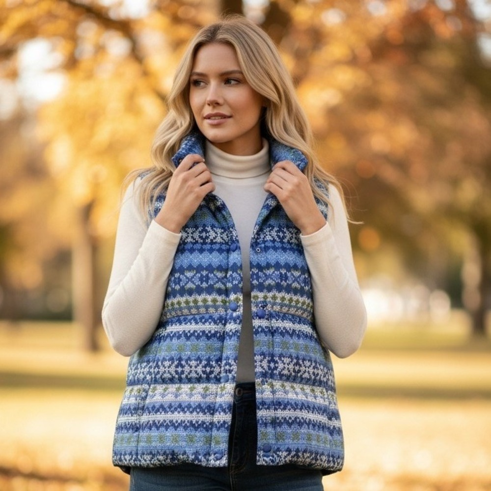 Lands' End Puffer Vest Women S Blue Fair Isle Goose Down Quilted Snap Front